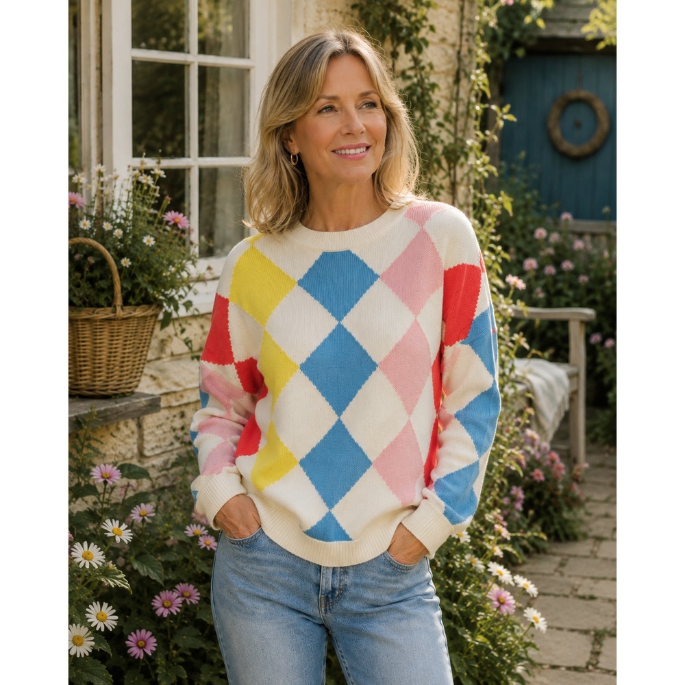 Boden Women's M 100% Cotton Argyle Sweater Pastel Colorful Crewneck Preppy Retro